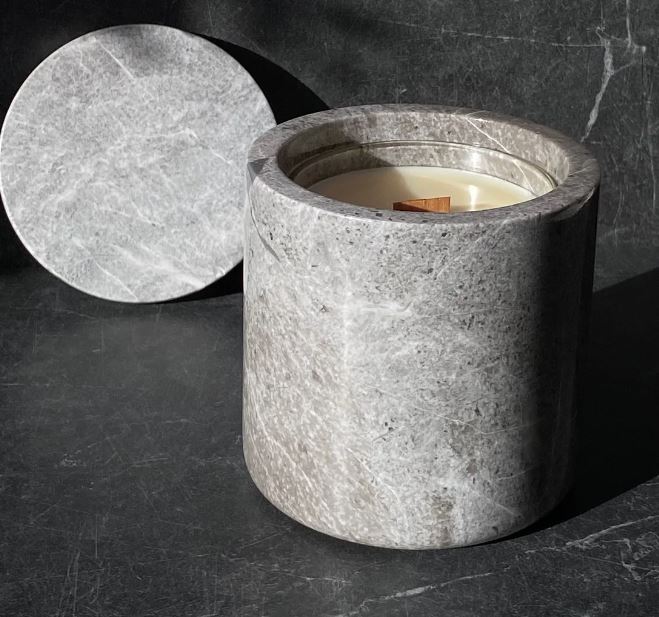 Grey, Ultra-Luxe Refillable Natural Stone Marble Candle Holder with Lid