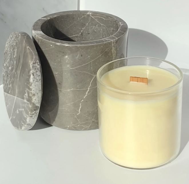 Grey, Ultra-Luxe Refillable Natural Stone Marble Candle Holder with Lid