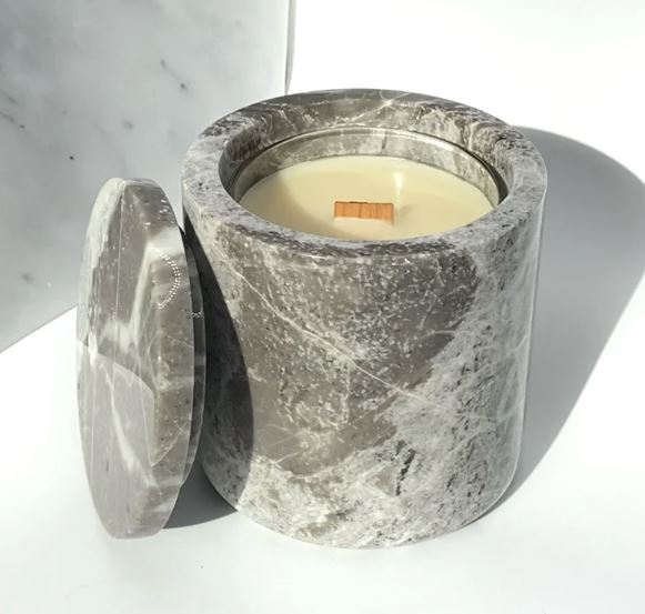 Grey, Ultra-Luxe Refillable Natural Stone Marble Candle Holder with Lid
