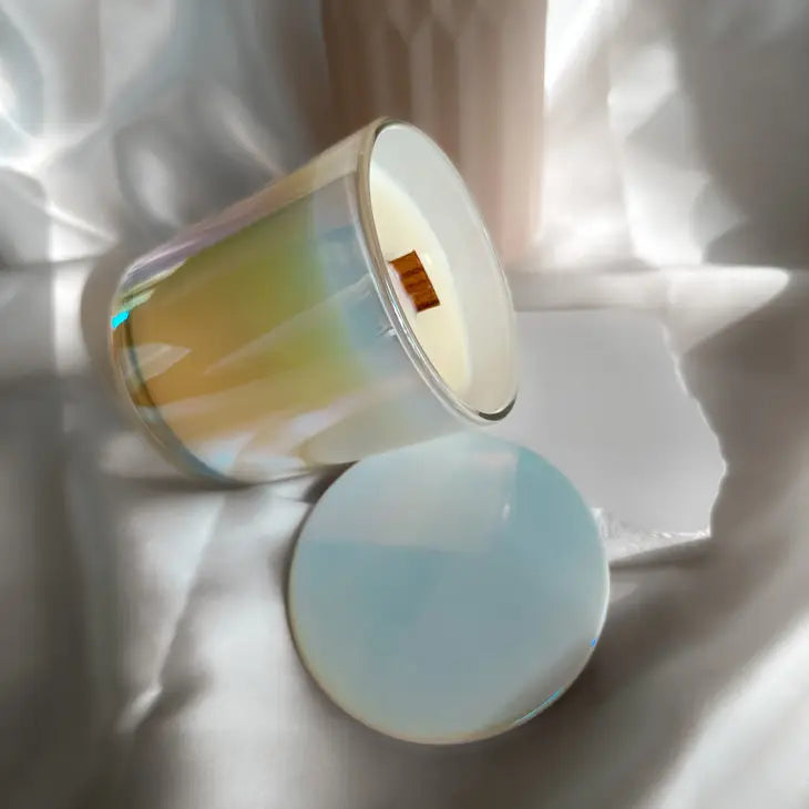 Scented Iridescent Luxury Candle/ Holographic Jar with Crackling Wooden Wick & Deluxe Satin Soy Wax