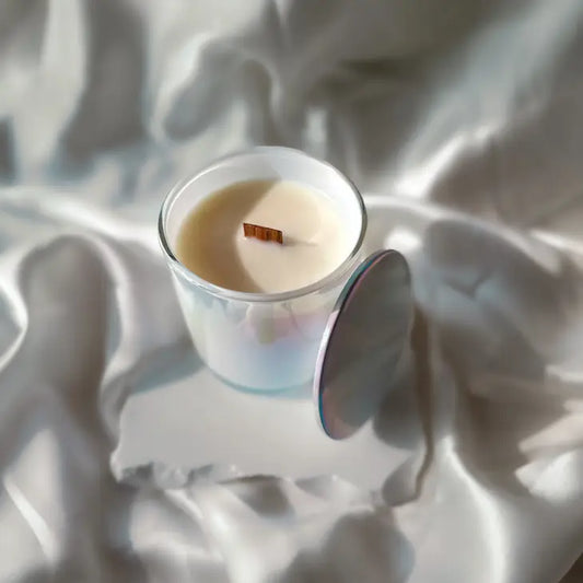 Scented Iridescent Luxury Candle/ Holographic Jar with Crackling Wooden Wick & Deluxe Satin Soy Wax