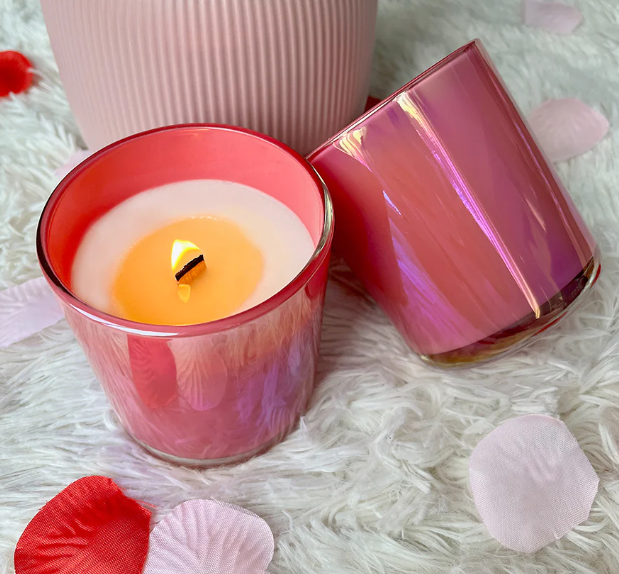 Scented Iridescent Luxury Candle/ Holographic Jar with Crackling Wooden Wick & Deluxe Satin Soy Wax