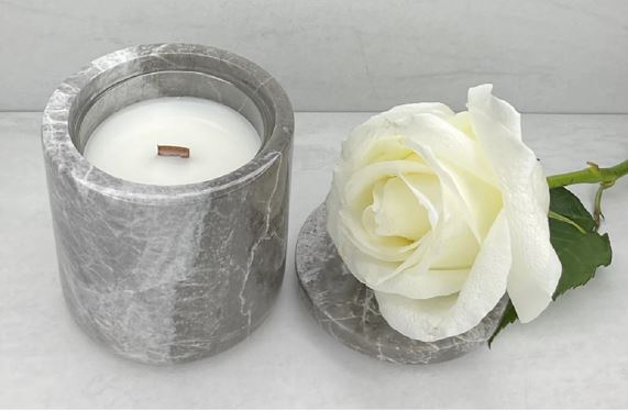 Grey, Ultra-Luxe Refillable Natural Stone Marble Candle Holder with Lid