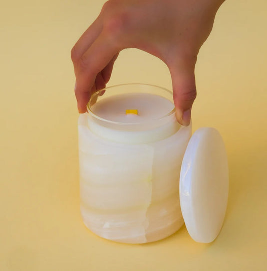 Scented Luxury Onyx Stone Candle with Crackling Wooden Wick & Deluxe Satin Soy Wax