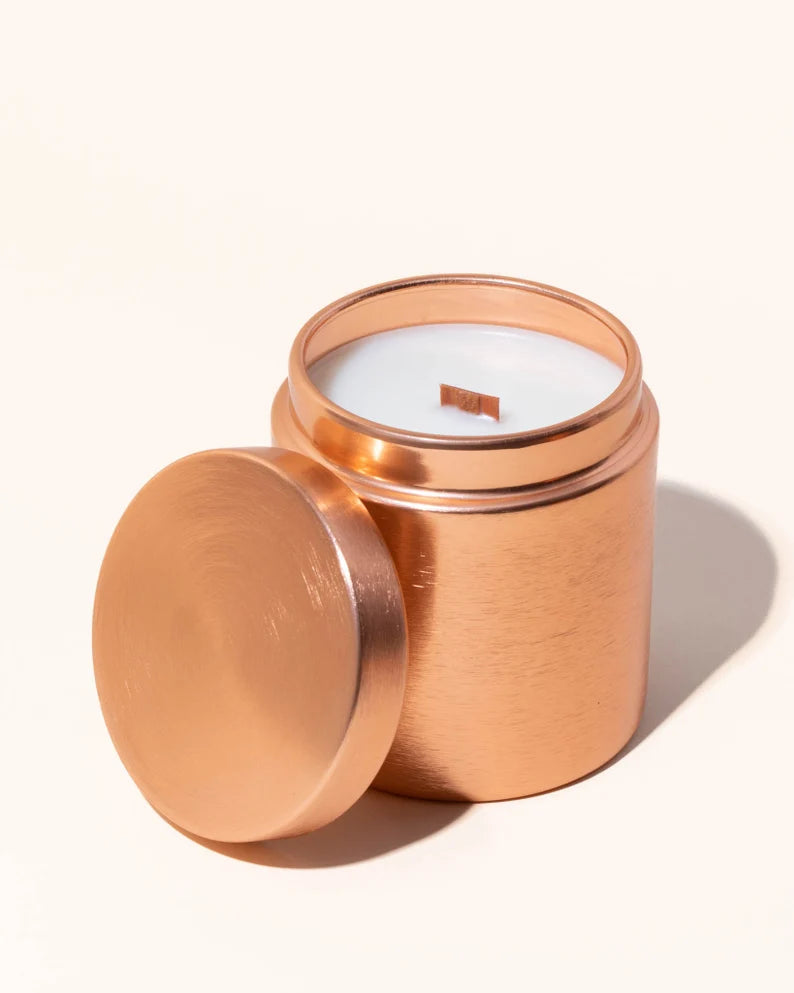 Scented Luxury Copper Tin Candle with Crackling Wooden Wick & Deluxe Satin Soy Wax