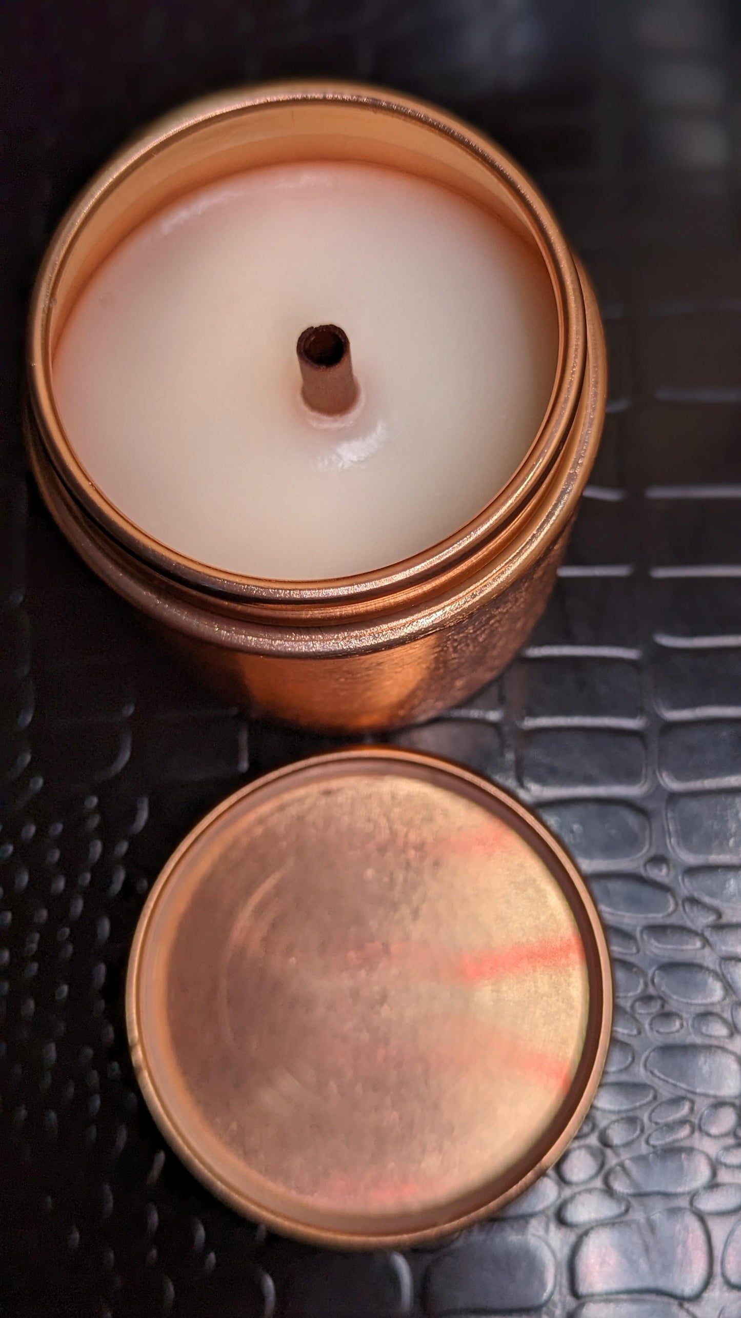 Scented Luxury Copper Tin Candle with Crackling Wooden Wick & Deluxe Satin Soy Wax