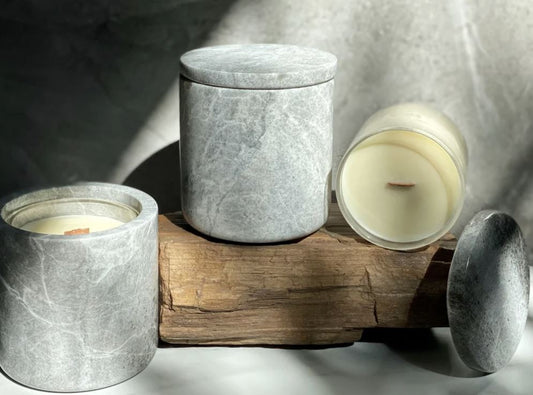 Grey, Ultra-Luxe Refillable Natural Stone Marble Candle Holder with Lid
